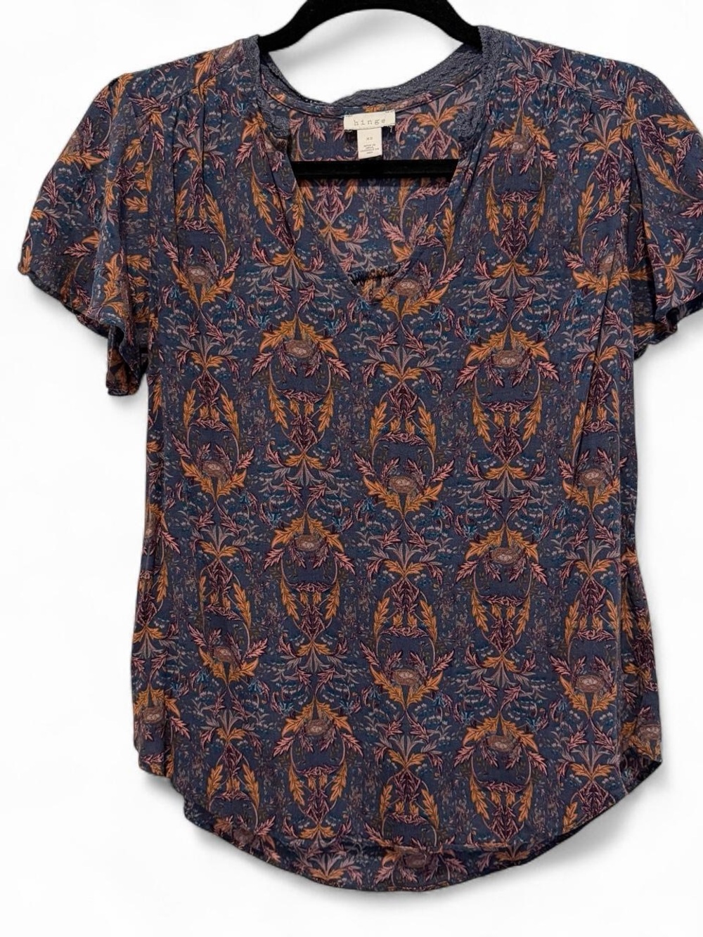Anthropologie Hinge Slate Blue Floral-Print Women's Flutter Sleeve Blouse XS